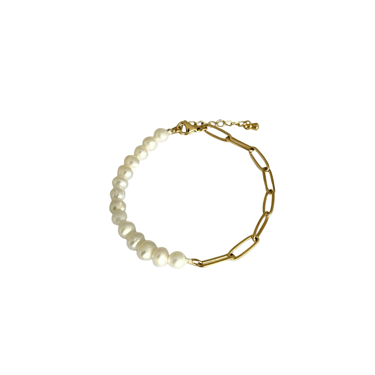 Asymmetrisches 18K vergoldetes Edelstahl-Armband, halb Gliederkette und halb natürliche Süßwasserperlen