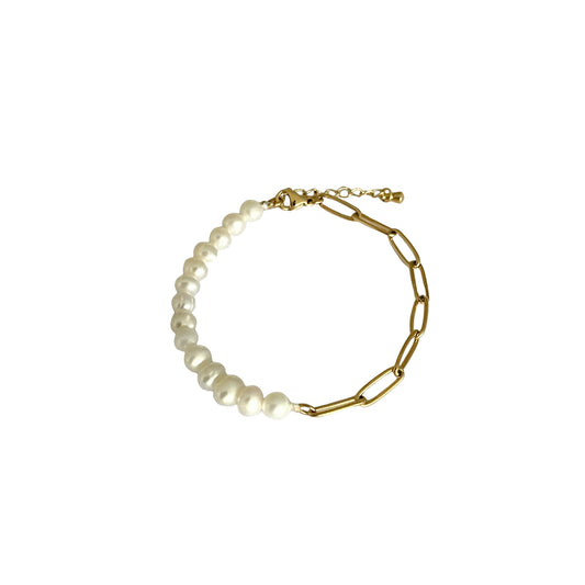 Asymmetrisches 18K vergoldetes Edelstahl-Armband, halb Gliederkette und halb natürliche Süßwasserperlen