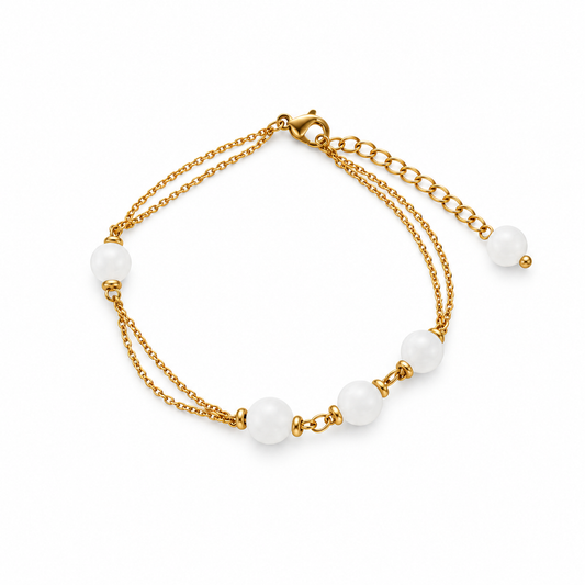 Edelstahl Armband 18K vergoldet mit natürlichen weißen Jadeperlen