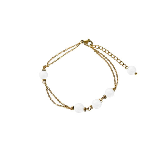 Edelstahl Armband 18K vergoldet mit natürlichen weißen Jadeperlen