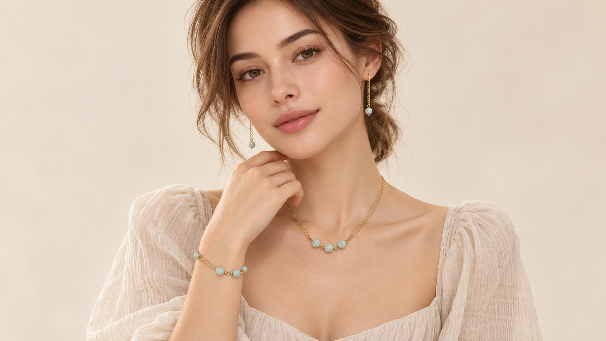 Modell trägt Vivikiu Naturstein Classics mit vergoldeter Halskette, Armband und Ohrringen mit hellgrünen Natursteinen