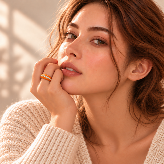     Model trägt Vivikiu Ring Bold mit orangefarbener Emaille und Zirkonia